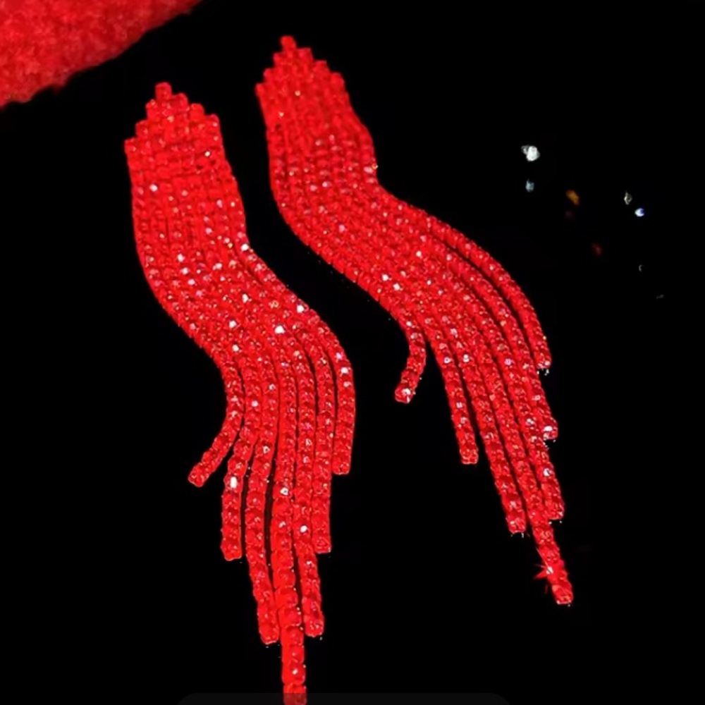🌟 Red Rhinestone Long Tassel Earrings